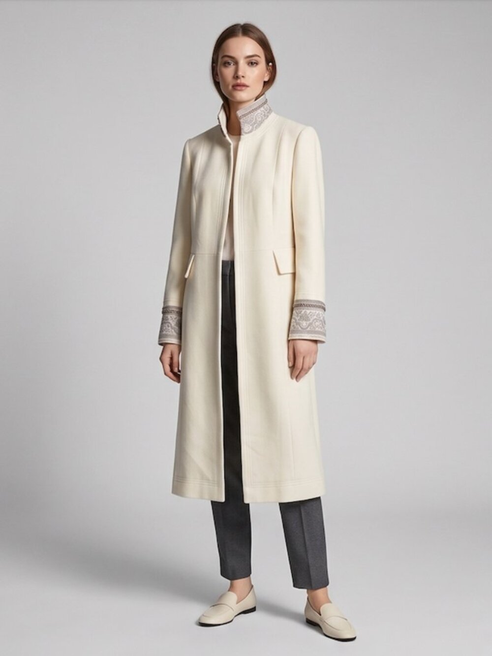 ZARA Collection Wool Blend Embellished Collar & Cuff Long Coat Cream